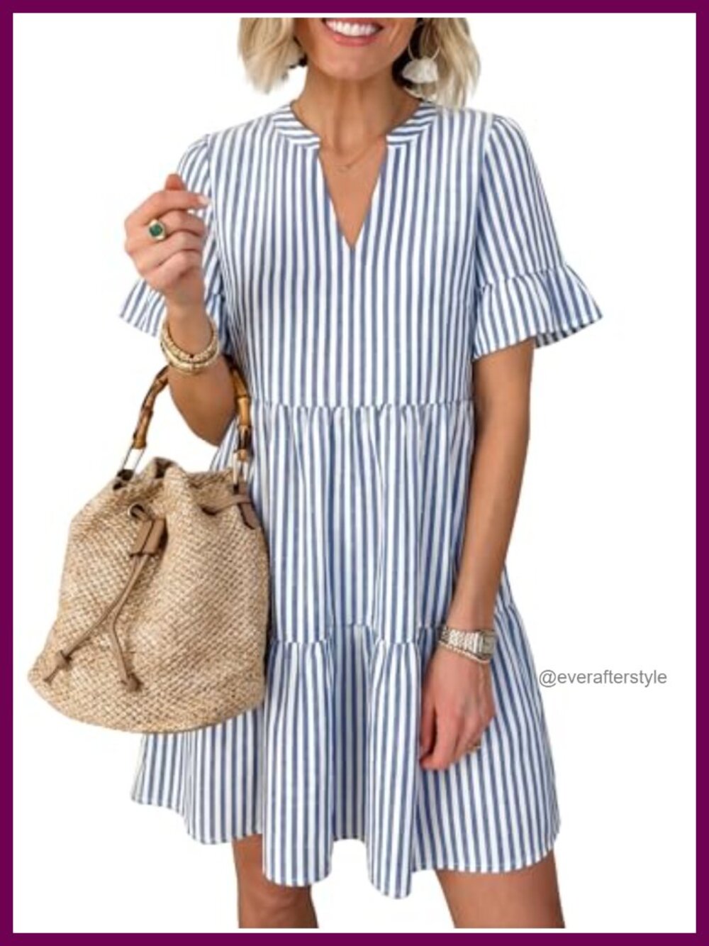 Womens Striped Short Ruffle Sleeve V Neck Mini Dress A-Line Tiered